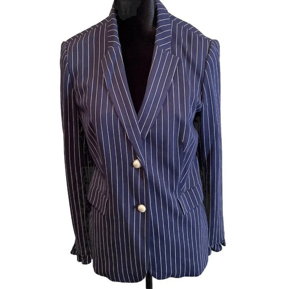 Chicos Women’s 1‎ US 8/10 Blazer Jacket Blue White Stripe Faux Pearl Buttons - Picture 1 of 11